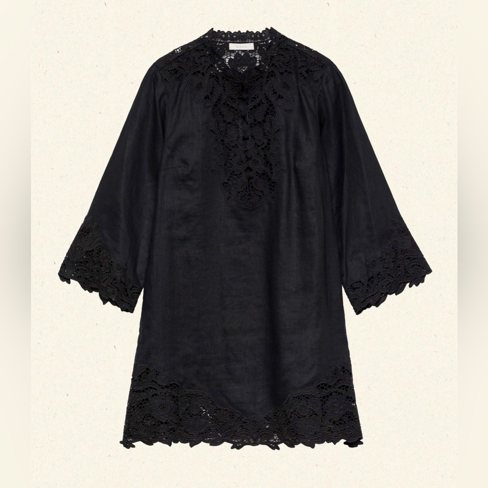 NWT Doen Roselie Linen Lace Crochet Collar 3/4 Sleeve Tunic Mini Dress Black - Picture 15 of 16
